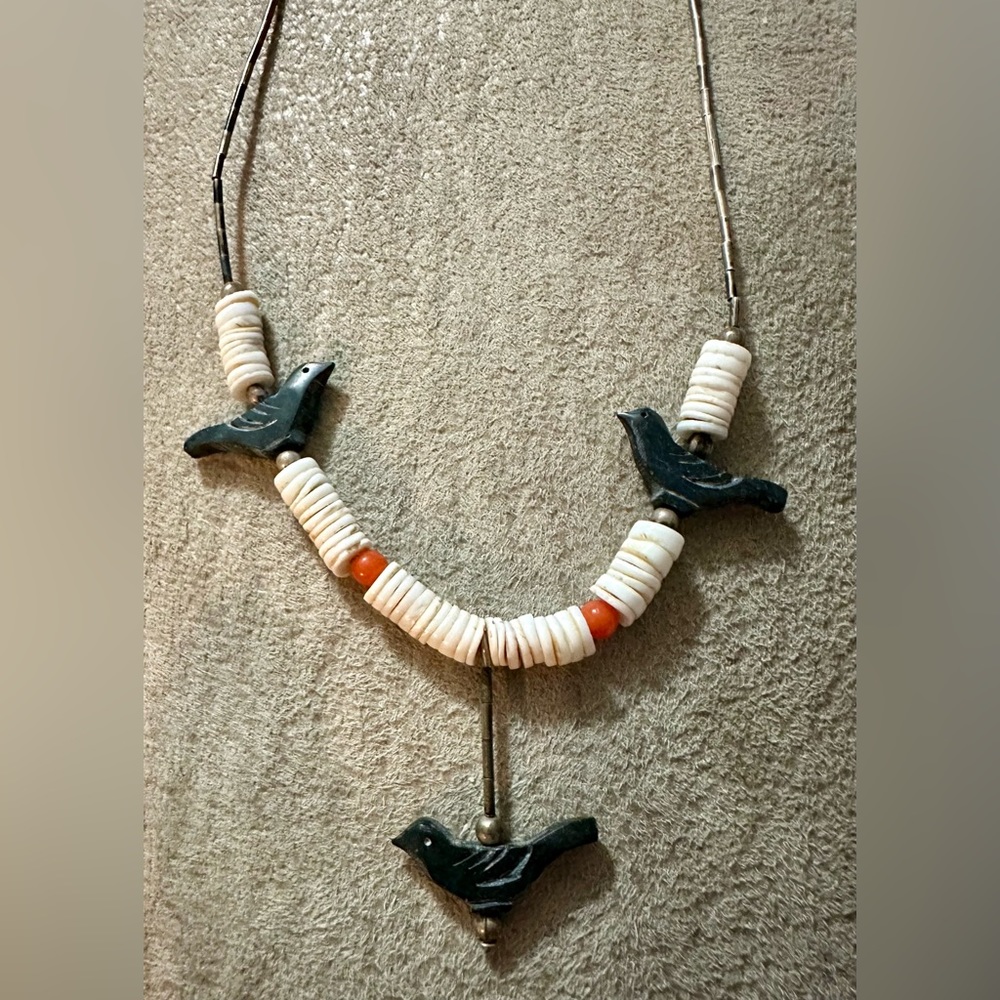 Vintage Zuni Jet And Heishi Liquid Silver Fetish Necklace 14”